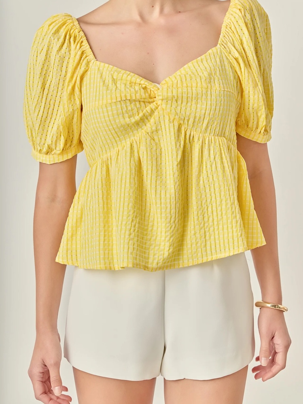 English Factory Yellow Puff-Sleeve Peplum Blouse